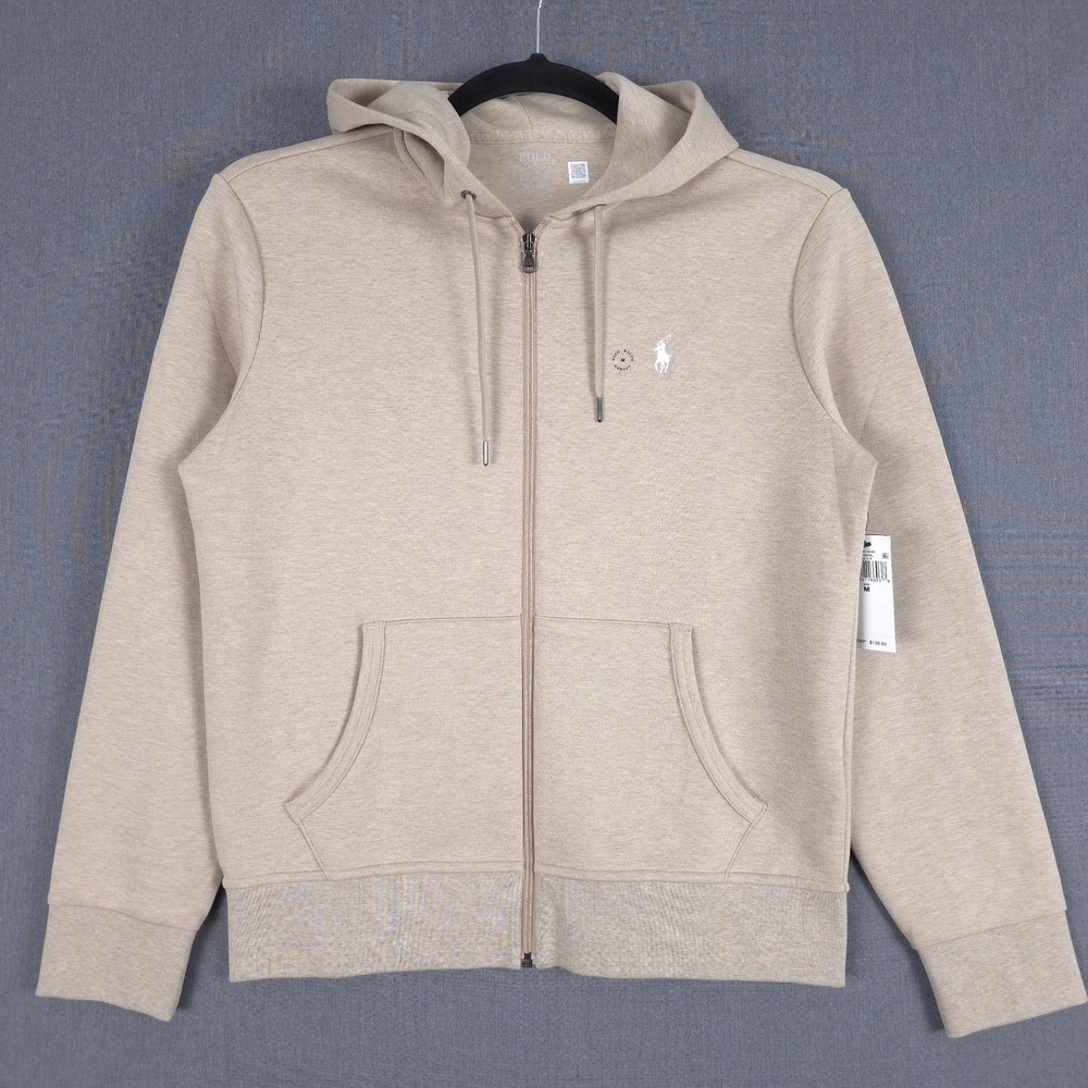 New Polo Ralph Lauren Double Knit Hoodie Mens Medium Beige Heather Full Zip